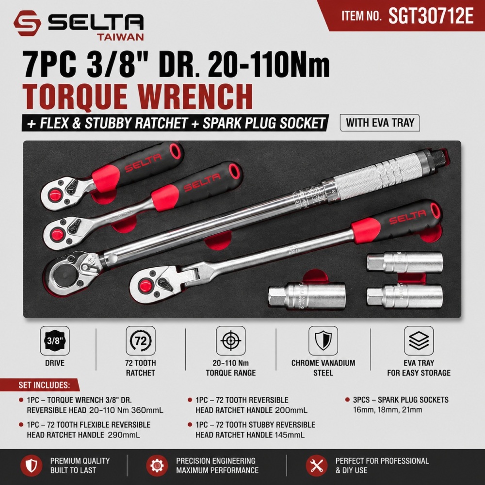 Selta 7pc 3/8" Dr Torque Wrench Set 20-110Nm Flex Stubby Ratchets Spark Plug Sockets EVA Tray