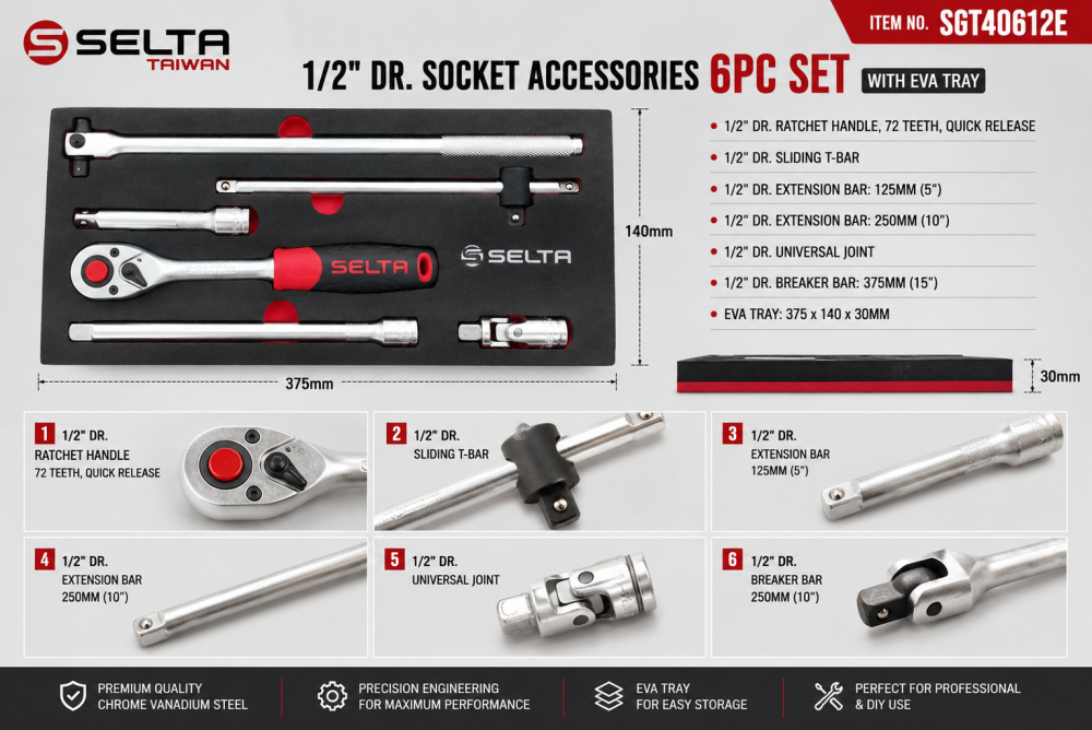 Selta Taiwan 1/2" Dr. Socket Accessories 6pc Set with EVA Tray: Ratchet Drive, Extension, Sliding Handel, Universal Joint