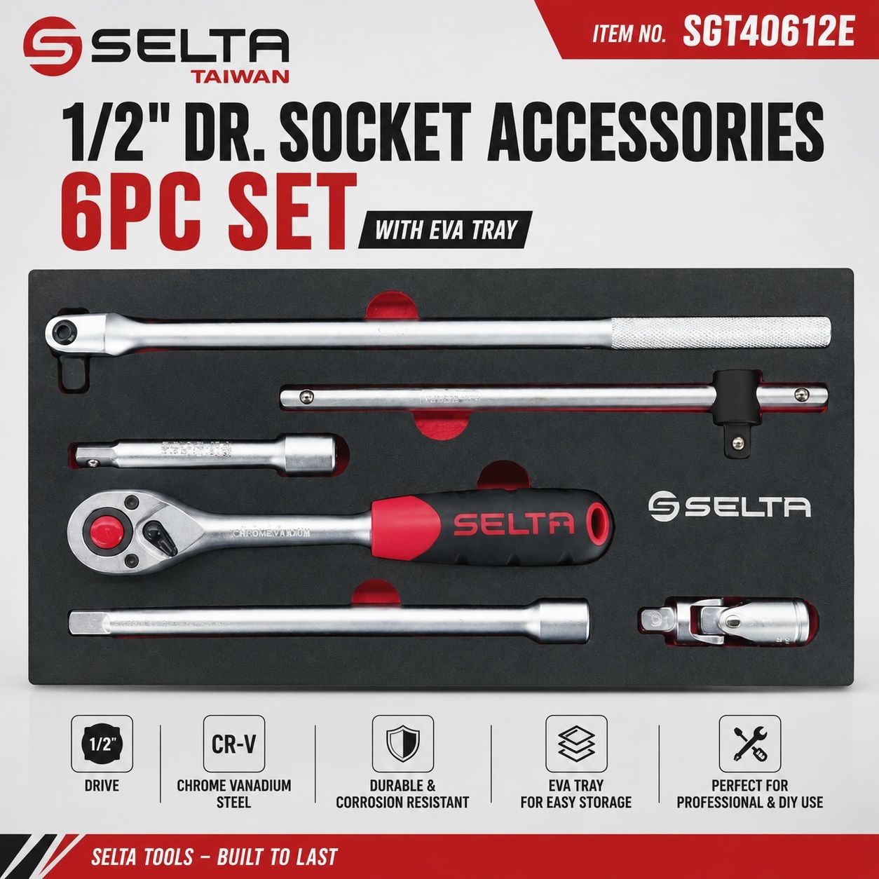 Selta Taiwan 1/2" Dr. Socket Accessories 6pc Set with EVA Tray: Ratchet Drive, Extension, Sliding Handel, Universal Joint