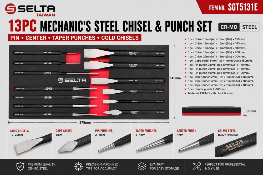 Selta Taiwan Cr-Mo 13pc Mechanic's Steel Chisel & Punch Set: Pin Center taper Punches Cold Chisels