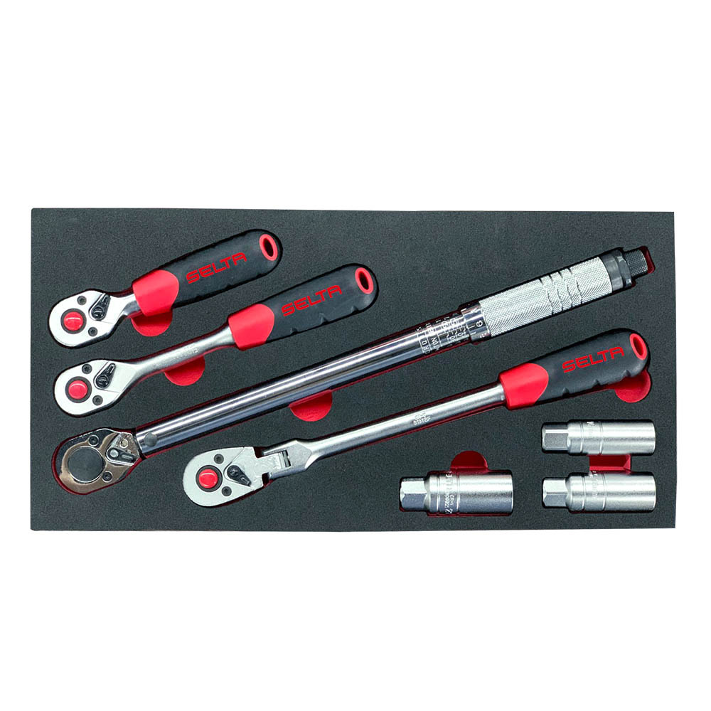 Selta 7pc 3/8" Dr Torque Wrench Set 20-110Nm Flex Stubby Ratchets Spark Plug Sockets EVA Tray