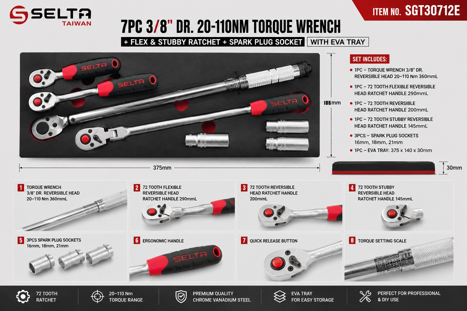 Selta 7pc 3/8" Dr Torque Wrench Set 20-110Nm Flex Stubby Ratchets Spark Plug Sockets EVA Tray
