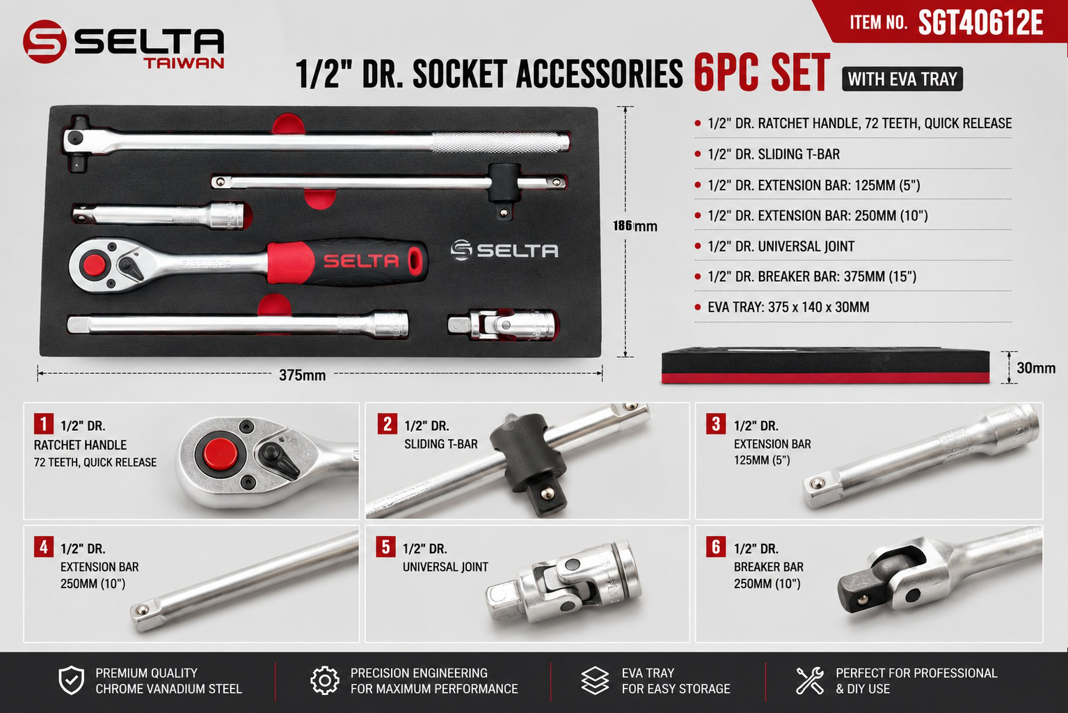 Selta Taiwan 1/2" Dr. Socket Accessories 6pc Set with EVA Tray: Ratchet Drive, Extension, Sliding Handel, Universal Joint