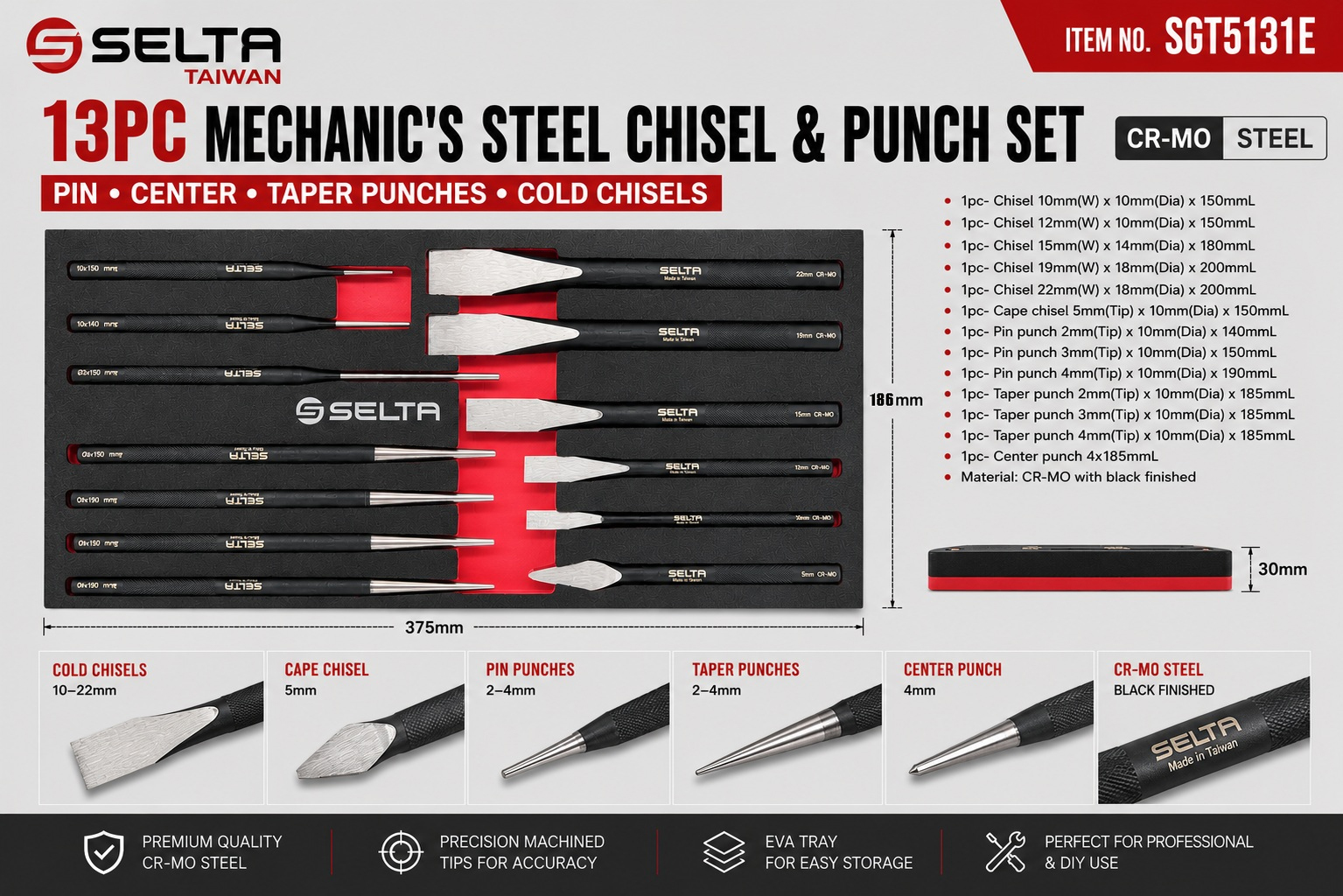 Selta Taiwan Cr-Mo 13pc Mechanic's Steel Chisel & Punch Set: Pin Center taper Punches Cold Chisels