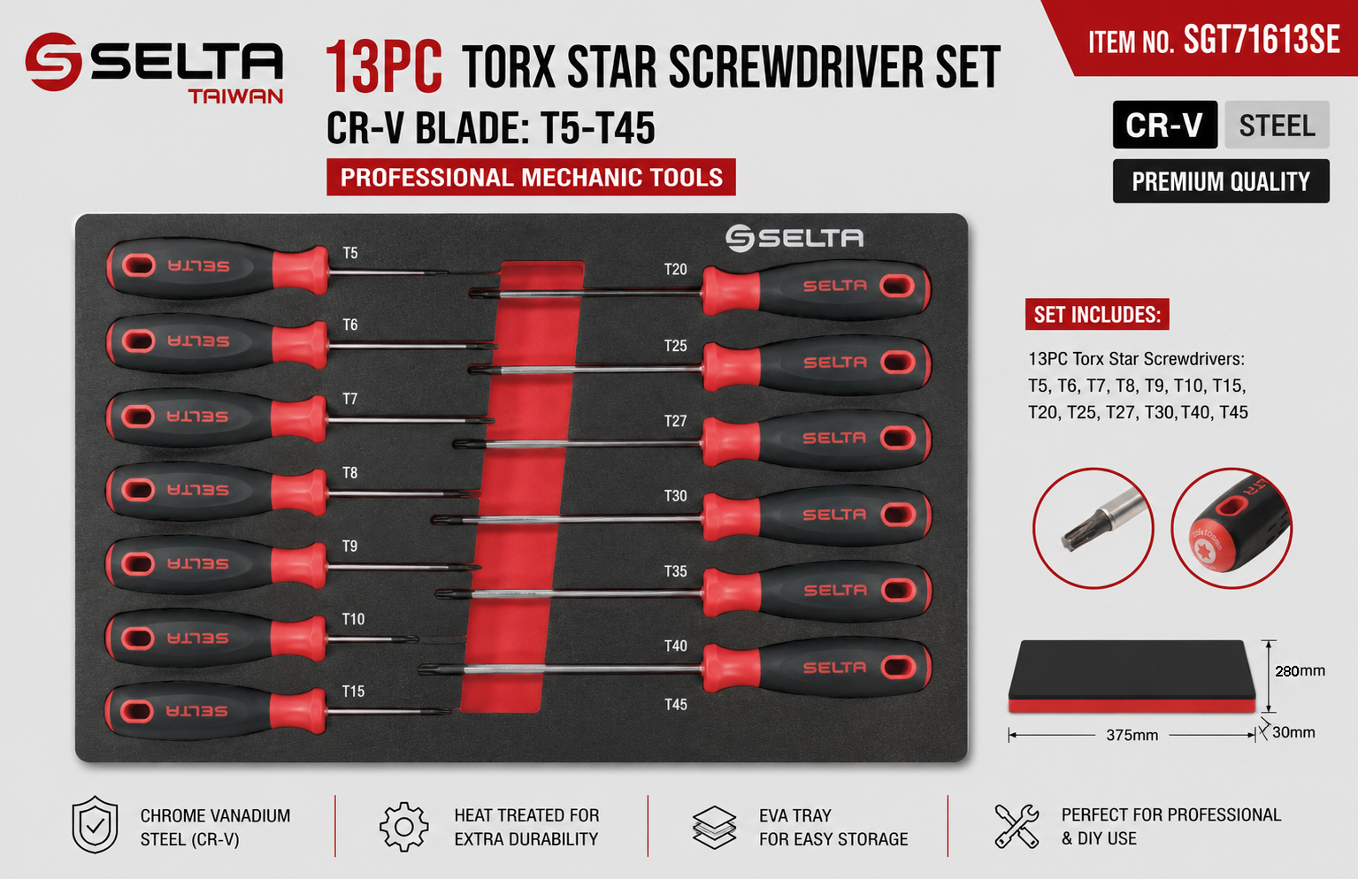 Selta Taiwan 13pc Torx Star Screwdriver Set Cr-V Blade: T5-T45 with EVA Tray