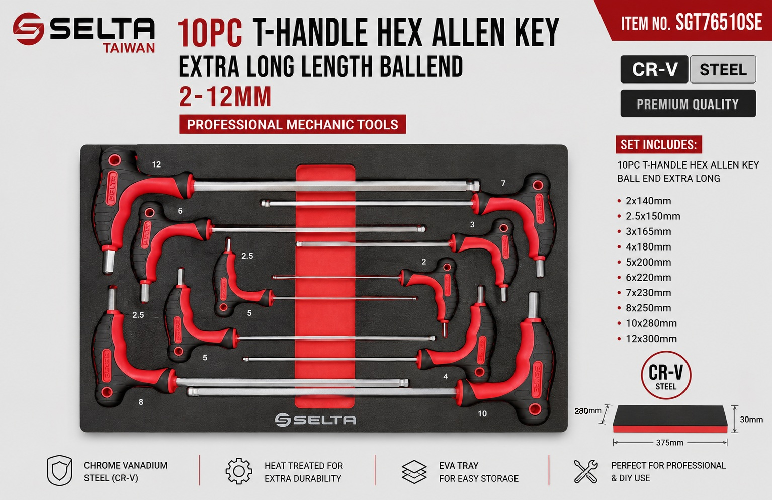 Selta Taiwan 10pc T-Handle Hex Allen Key Extra Long Length Ballend: 2-12mm