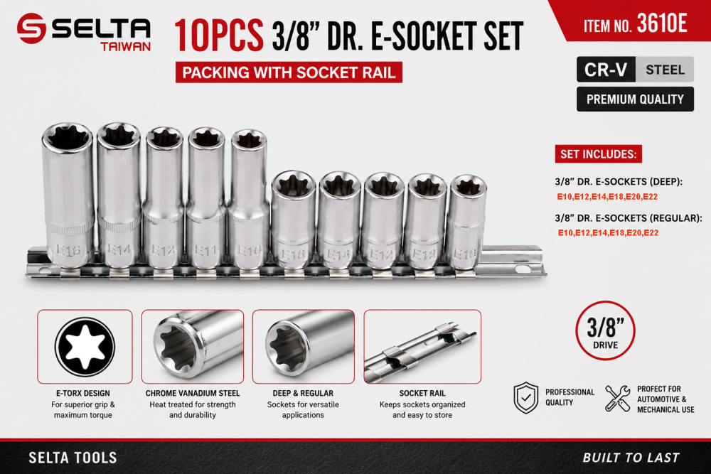 Selta Taiwan 10pc 3/8" Dr. Torx E-Star Female Reguar & Deep Socket Set: E5-E10