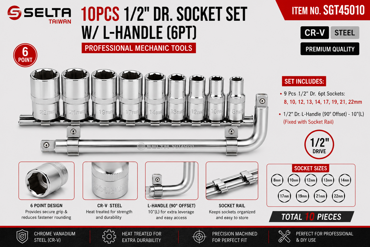 10 pc 1/2" Dr. 6pt / 12pt Flank Regular 8-22mm Socket Set with10" L Handle Wrench
