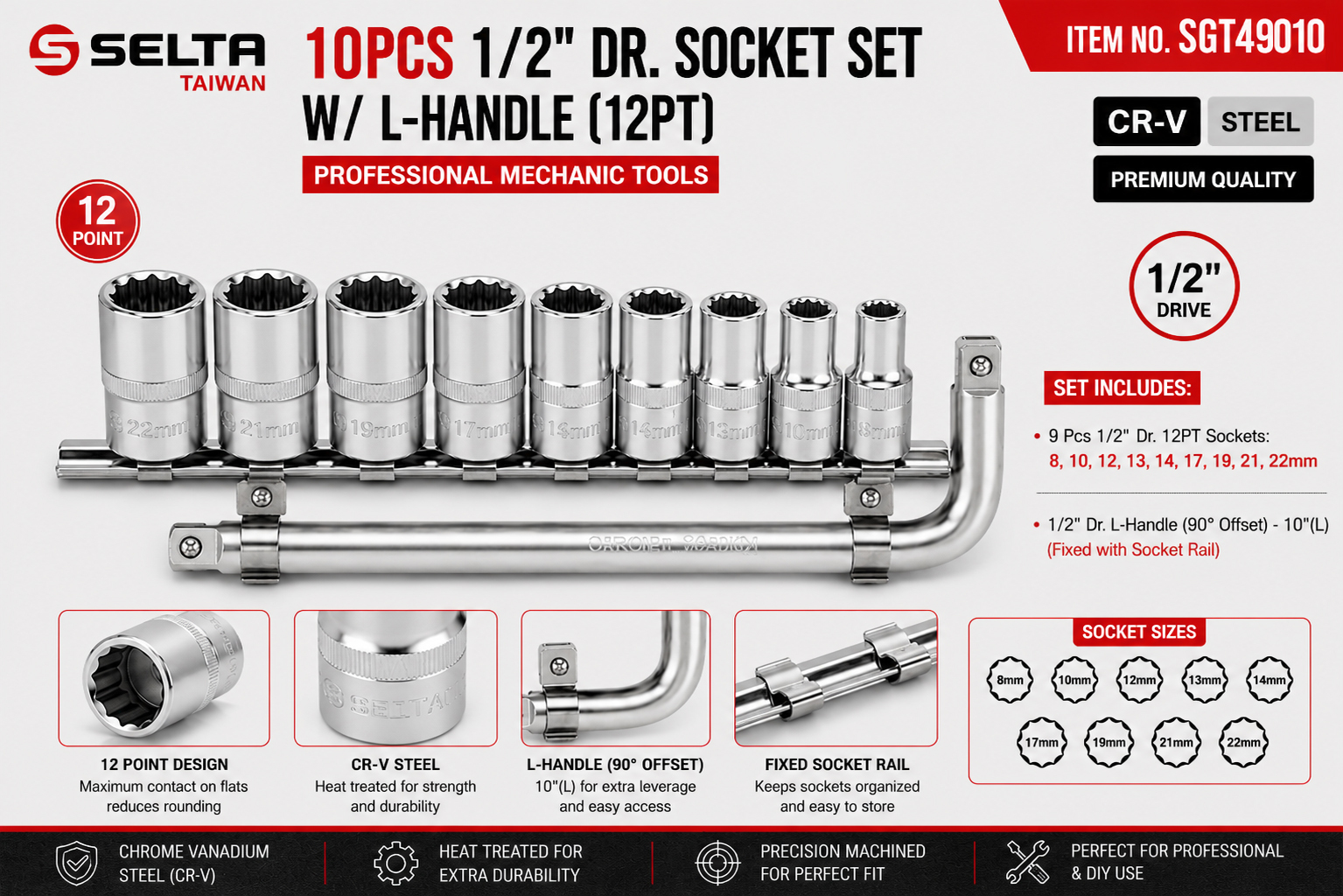 10 pc 1/2" Dr. 6pt / 12pt Flank Regular 8-22mm Socket Set with10" L Handle Wrench