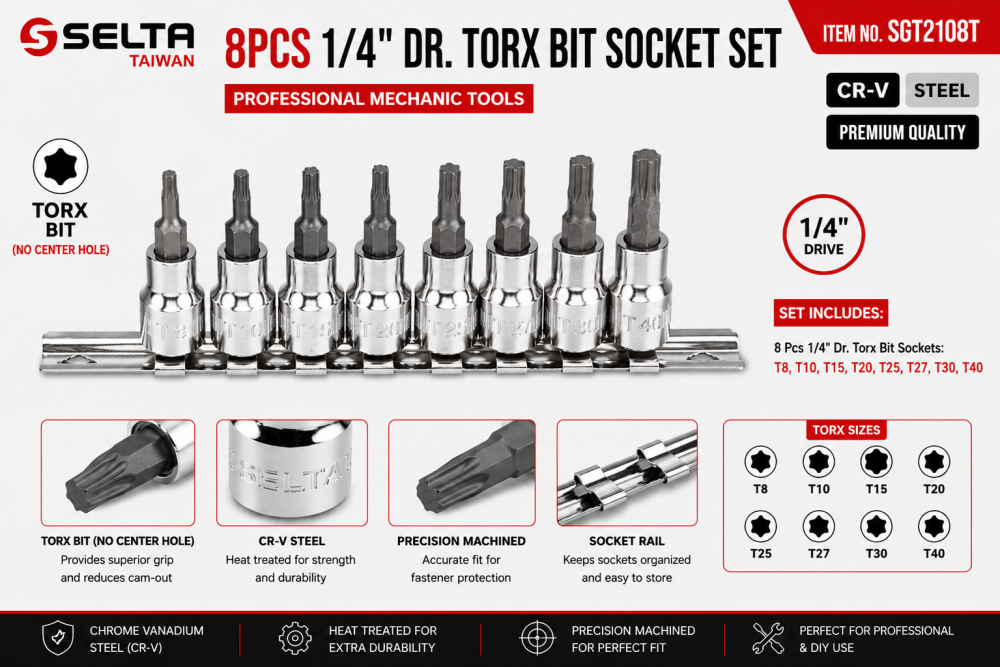 Selta Taiwan S2 Steel 8pc 1/4" Dr. Torx Star Socket Bits:T8, T10, T15, T20, T25, T27, T30, T40