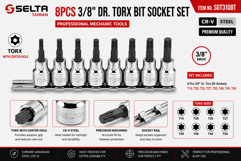Selta Taiwan 8pc 3/8" Dr S2 Steel Torx Star Socket Bits Set: T8, T10, T15, T20, T25, T27, T30, T40