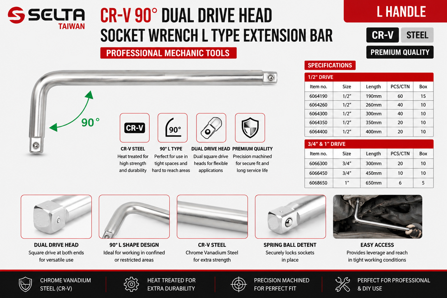 Selta Taiwan Cr-V 90 Degree Dual Drive Head Socket Wrench L Type Extension Bar