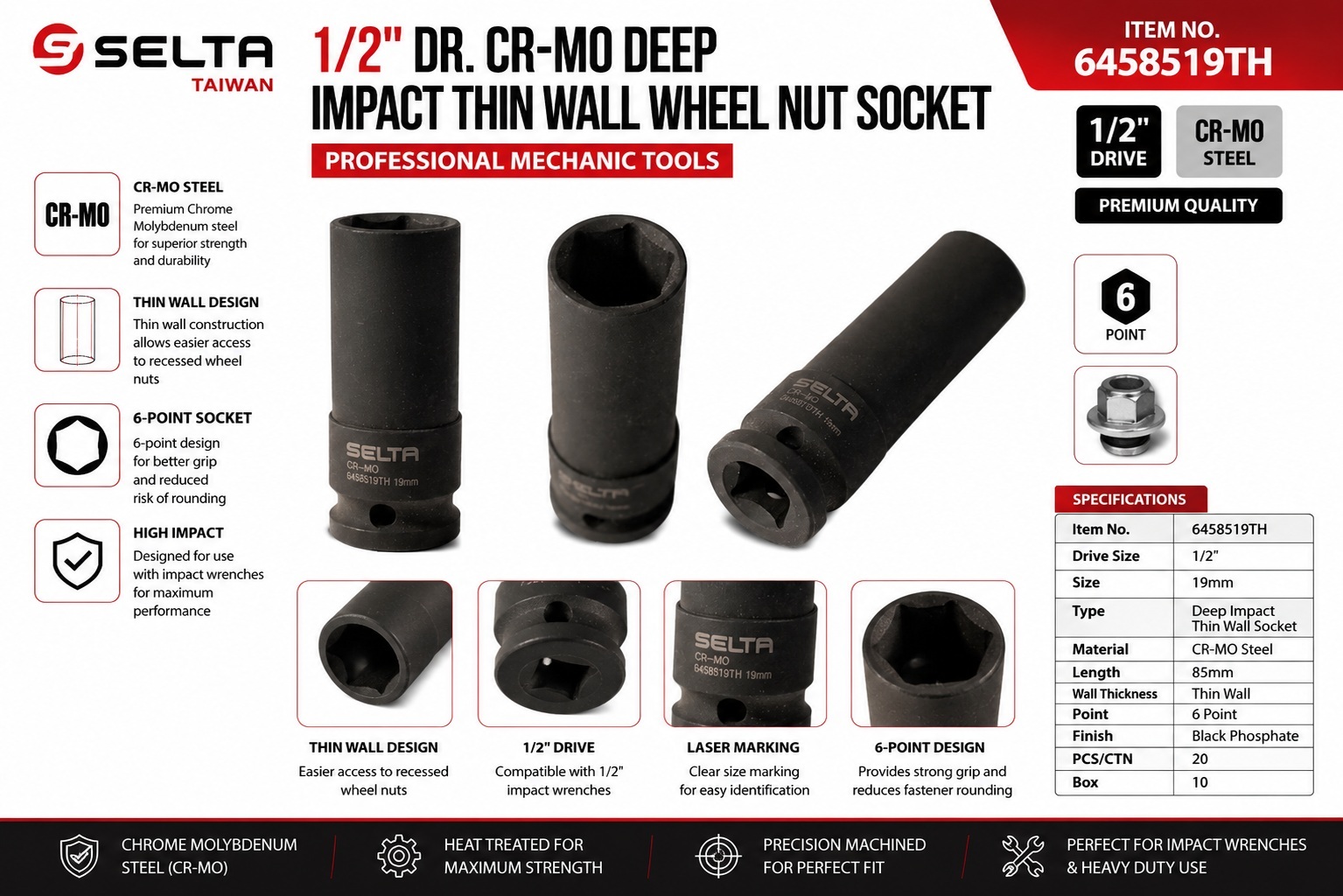 Selta Taiwan 1/2" Dr Cr-Mo Deep Impact Thin Wall Wheel Nut Socket 17-19-21mm or 3pc Set