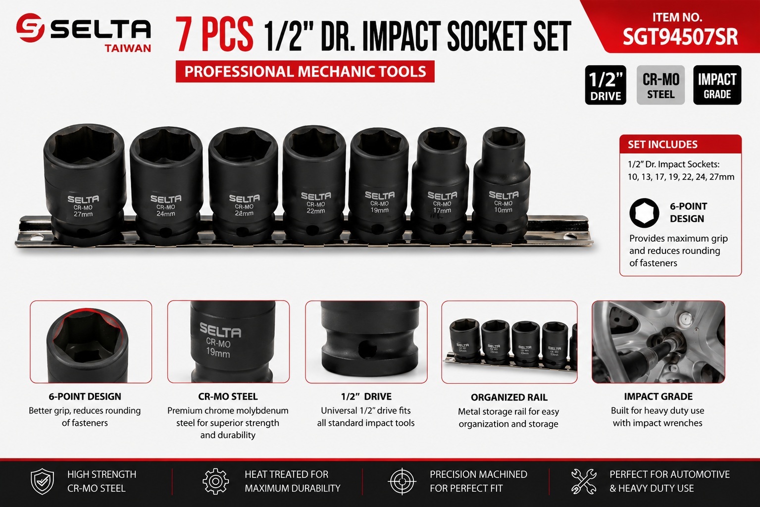 Selta Taiwan 7pc 1/2" Dr 6pt Cr-Mo Regular Air Impact Socket Set:10, 13, 17, 19, 22, 24, 27mm
