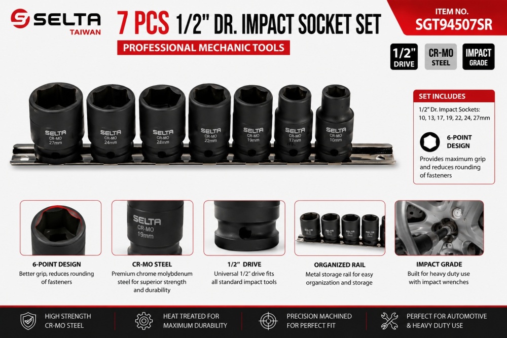 Selta Taiwan 7pc 1/2" Dr 6pt Cr-Mo Regular Air Impact Socket Set:10, 13, 17, 19, 22, 24, 27mm