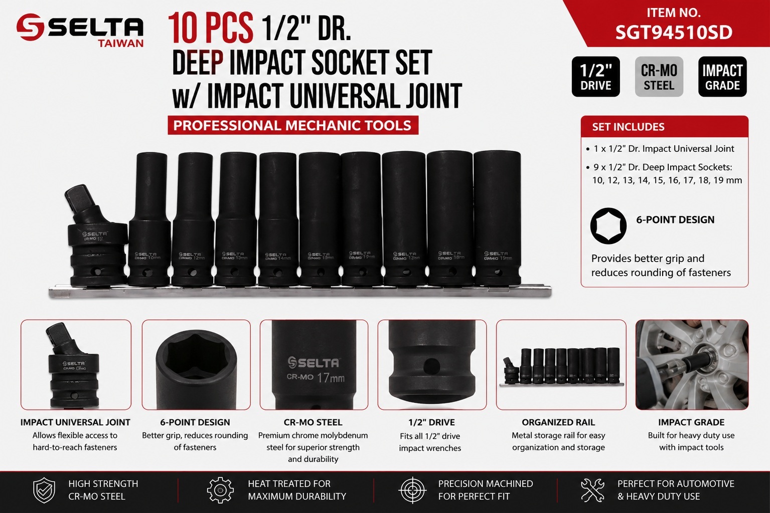 Selta Taiwan 10pc 1/2" Dr 6pt Cr-Mo 80mm Long Deep Impact Socket:10-19mm+Swivel Universal Joint