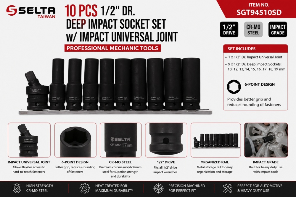 Selta Taiwan 10pc 1/2" Dr 6pt Cr-Mo 80mm Long Deep Impact Socket:10-19mm+Swivel Universal Joint