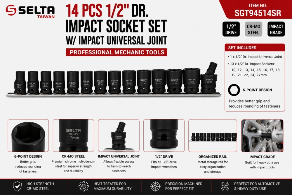 14pc 10-27mm 1/2" Dr. Impact Socket Set with Swivel Universal Joint
