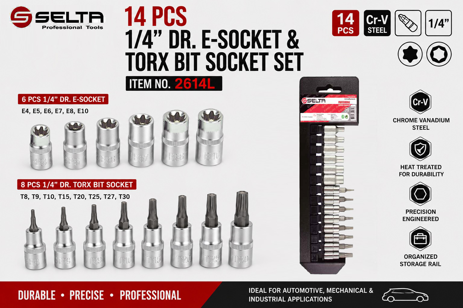Selta Taiwan 1/4" Dr. 14pc Female E4-E10 E-Socket & T8-T30 Torx Star Bits Set