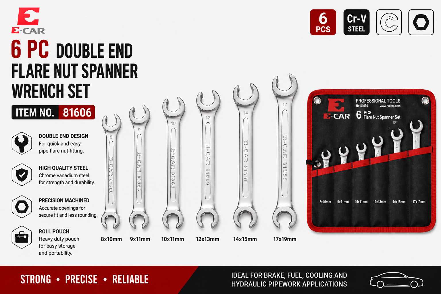 E-CAR Taiwan 6pc Double End Flare Nut Spanner Wrench Set Brake Fuel Line 8-19mm