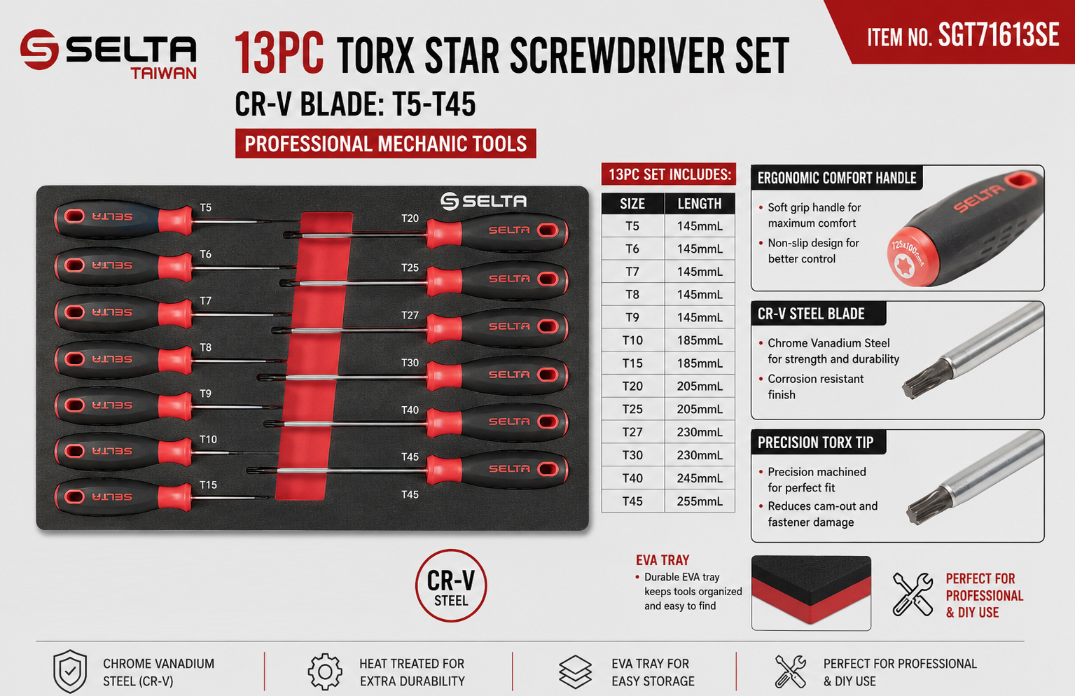 Selta Taiwan 13pc Torx Star Screwdriver Set Cr-V Blade: T5-T45 with EVA Tray