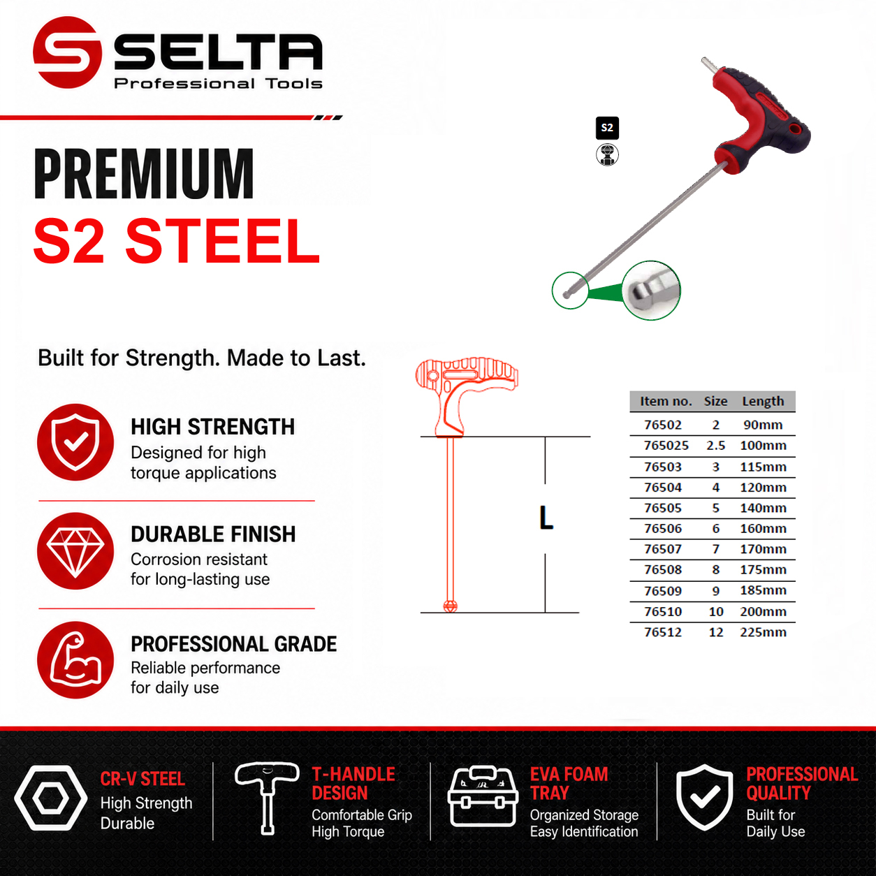 Selta Taiwan 10pc T-Handle Hex Allen Key Extra Long Length Ballend: 2-12mm