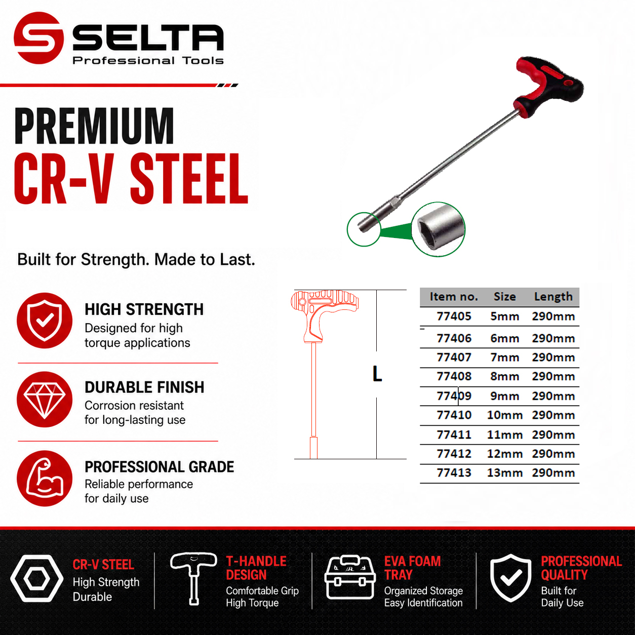 Selta Taiwan Cr-V 9pc Hex Nut Driver T Handle Set with EVA Tray:5-6-7-8-9-10-11-12-13mm