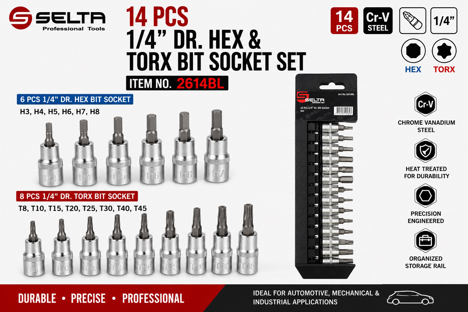 Selta Taiwan 1/4" Dr. 14pc H3-H8 Hex  Allen & T8-T45 Torx Star Socket Bits Set