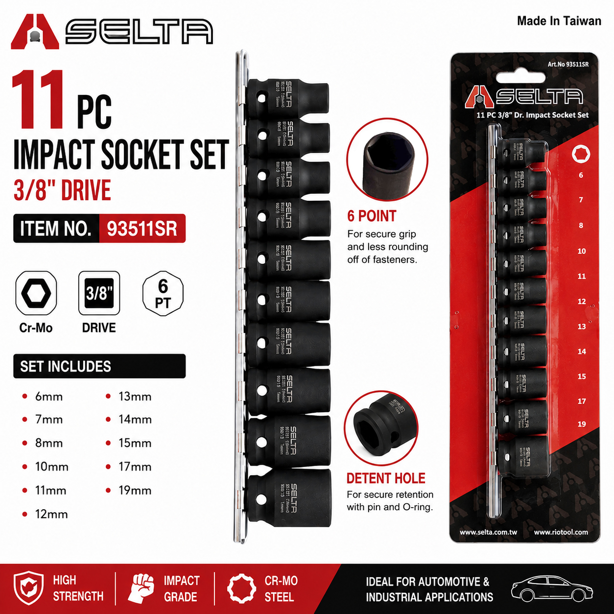 Selta Taiwan 11pc 6-19mm Cr-Mo 3/8" Dr. Impact Socket Set