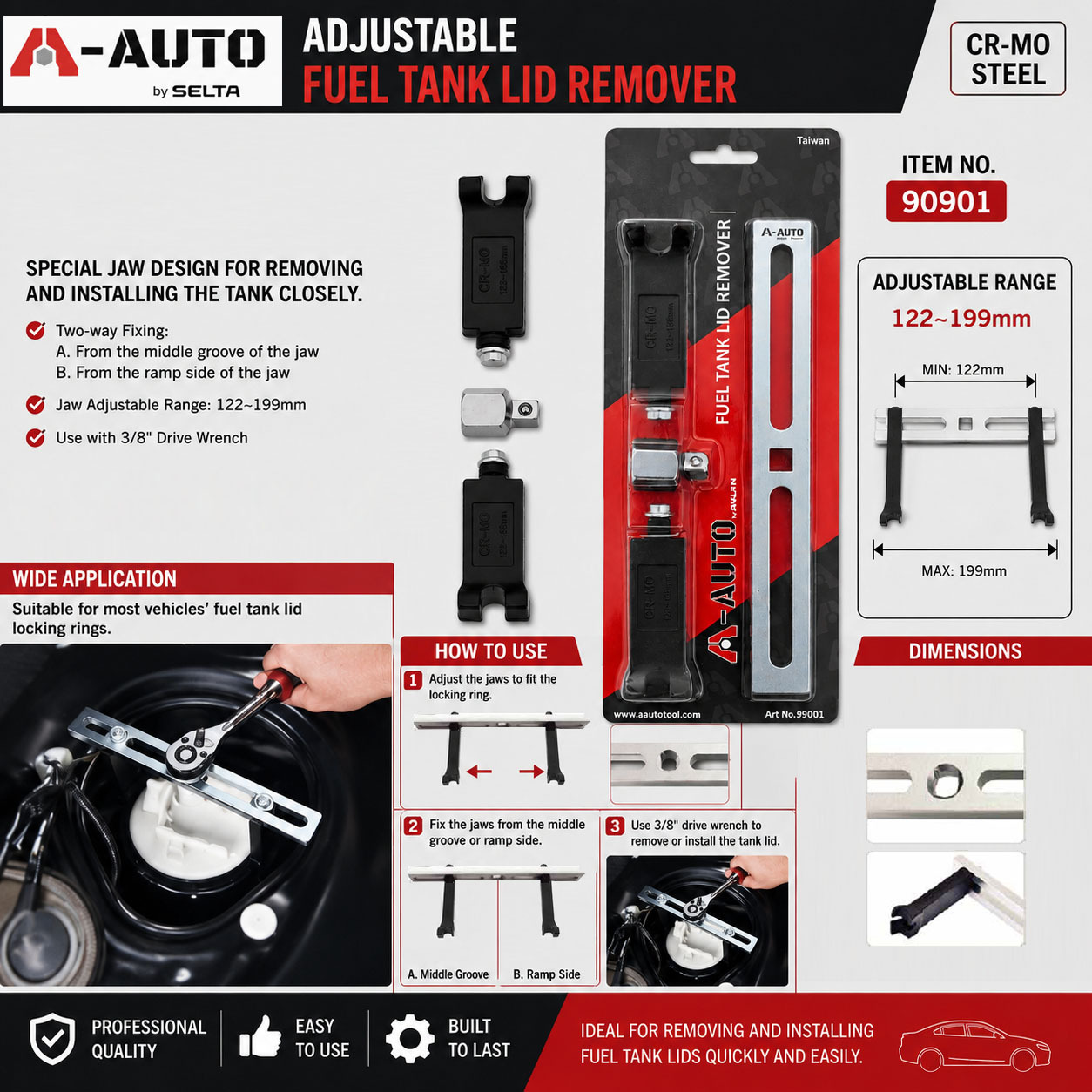 A-AUTO Taiwan 122-199mm Adjustable Fuel Tank Lid Remover Lock Ring CR-MO Steel