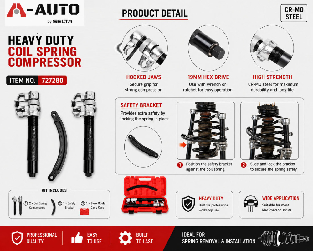 A-AUTO Taiwan Heavy Duty Coil Spring Compressor 23-280mm w/ Safety Bracket