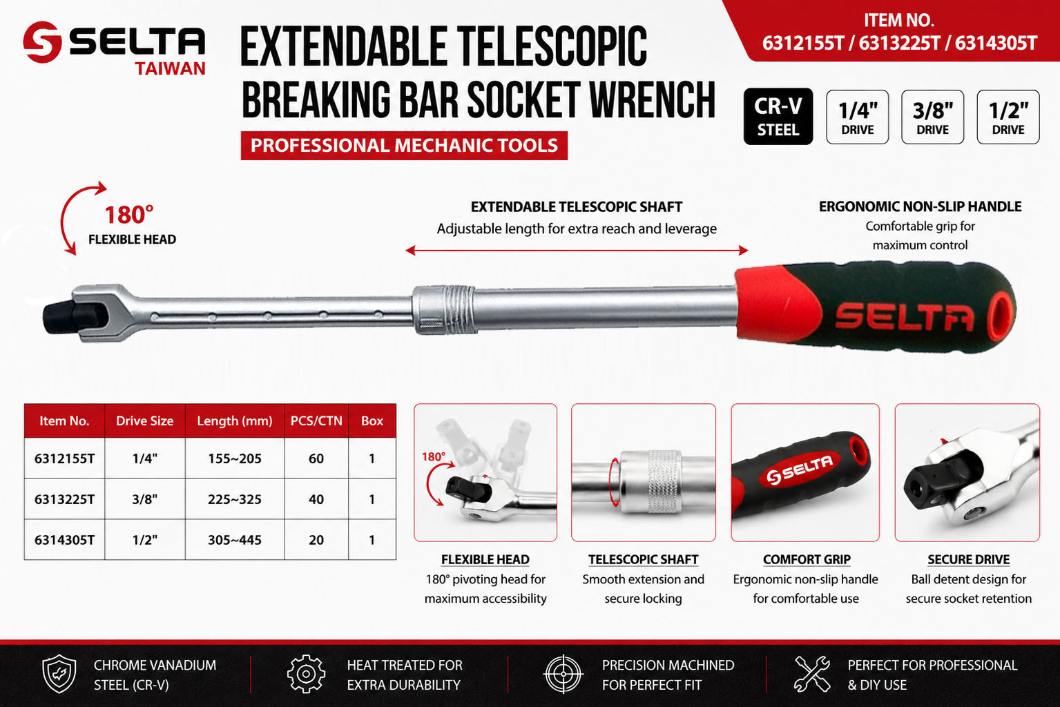 Selta Taiwan Extendable Telescopic Breaker Breaking Bar Flex Head CR-V Socket Wrench