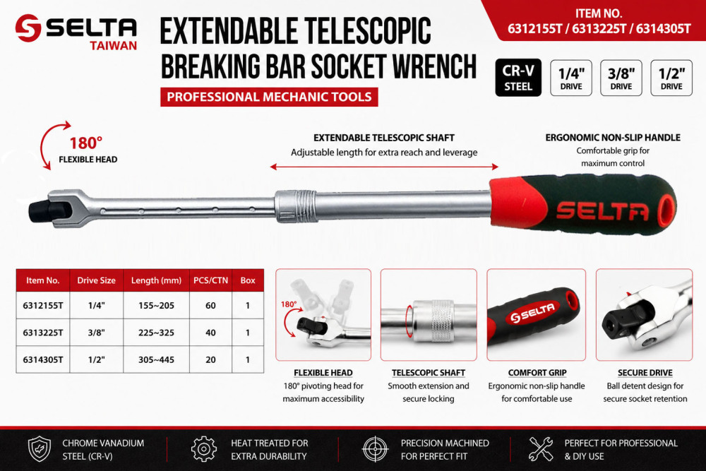 Selta Taiwan Extendable Telescopic Breaker Breaking Bar Flex Head CR-V Socket Wrench
