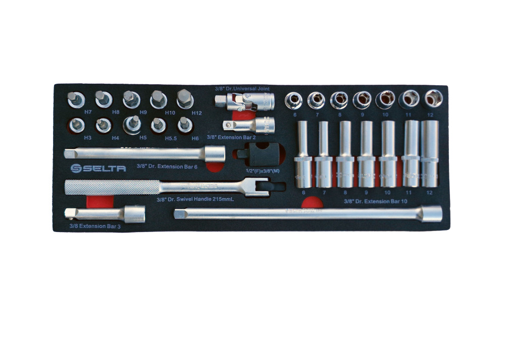 Selta Taiwan 31pc 3/8" Dr Metric Deep Standard Socket & Hex Bit Set EVA Tray