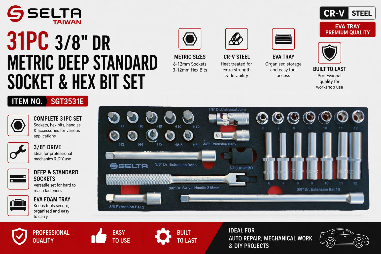 Selta Taiwan 31pc 3/8" Dr Metric Deep Standard Socket & Hex Bit Set EVA Tray