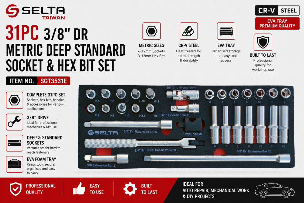 Selta Taiwan 31pc 3/8" Dr Metric Deep Standard Socket & Hex Bit Set EVA Tray