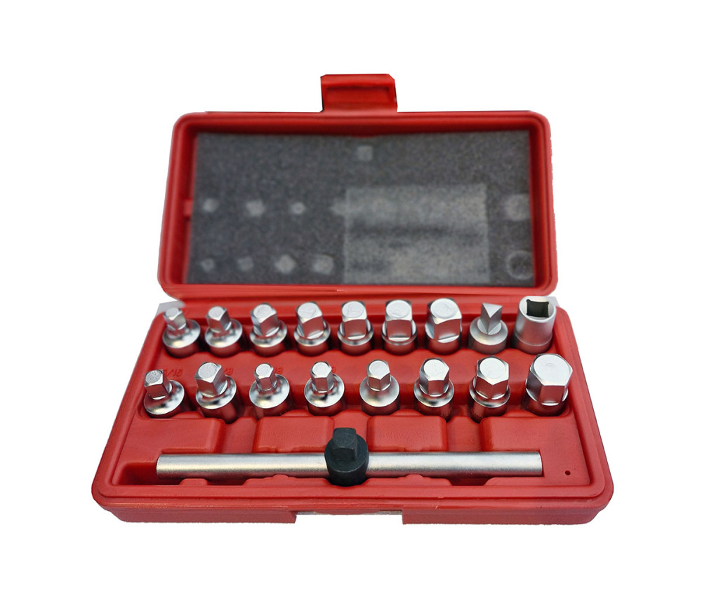 Selta Taiwan 18pc 3/8" Drive Oil Drain Plug Key Set: Hex Square Triangle