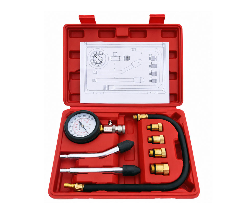 A-AUTO Taiwan 8pc Petrol Cylinder Compression Test Kit 63mm Gauge 18" Flexible Extension Adapter