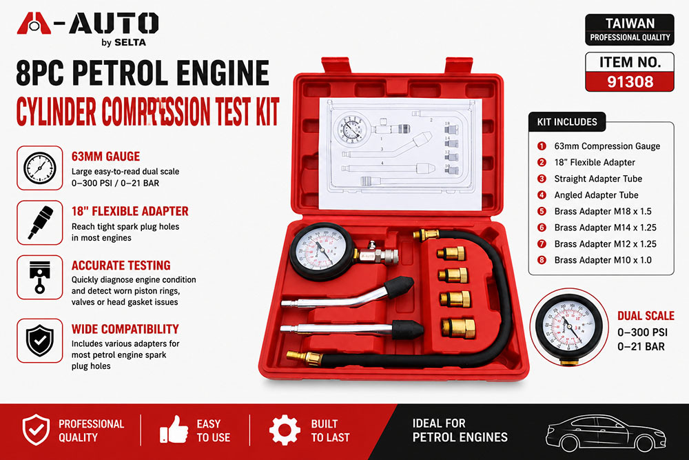 A-AUTO Taiwan 8pc Petrol Cylinder Compression Test Kit 63mm Gauge 18" Flexible Extension Adapter