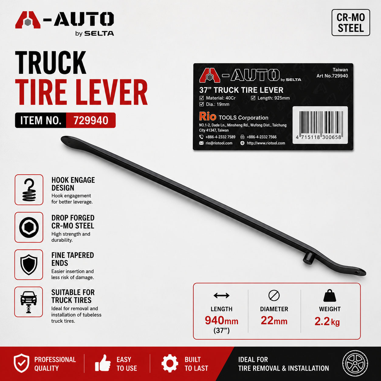A-AUTO Heavy Duty Truck Tubeless Tire Lever Prybar Cr-Mo Steel 940mmL Dia 22mm