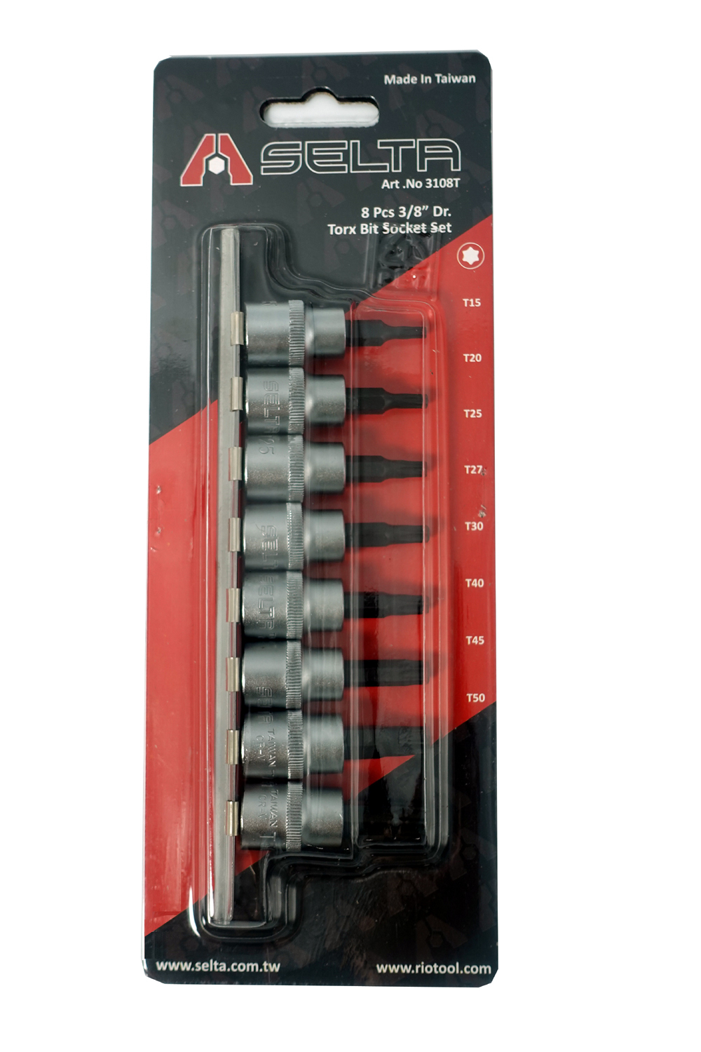 Selta Taiwan 8pc 3/8" Dr S2 Steel Torx Star Socket Bits Set: T15, T20, T25, T27, T30, T40, T45, T50