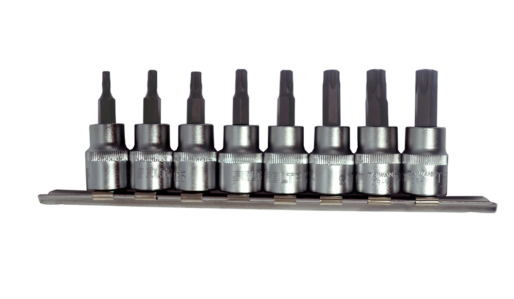Selta Taiwan 8pc 3/8" Dr S2 Steel Torx Star Socket Bits Set: T15, T20, T25, T27, T30, T40, T45, T50