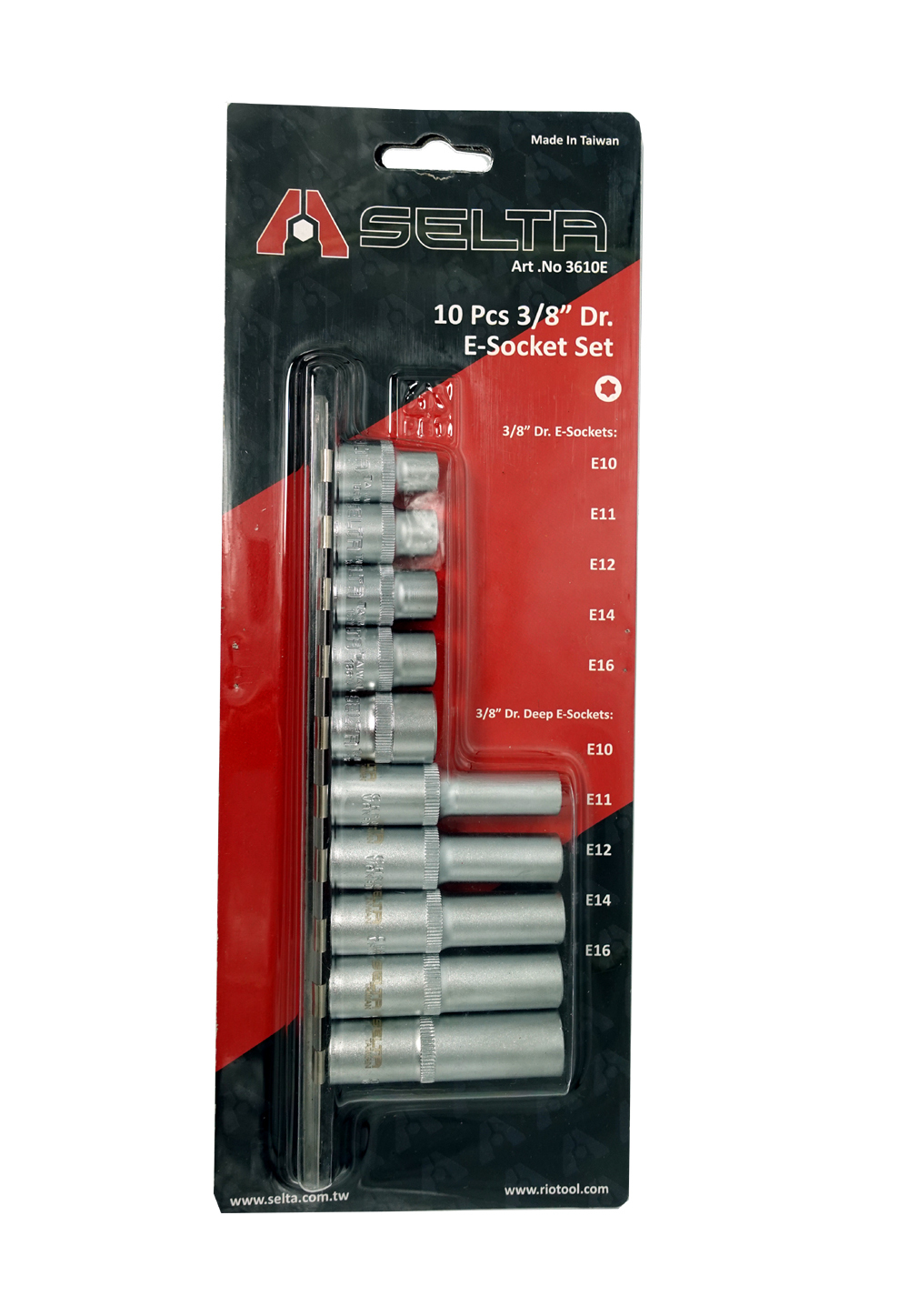 Selta Taiwan 10pc 3/8" Dr. Torx E-Star Female Reguar & Deep Socket Set: E10-E16