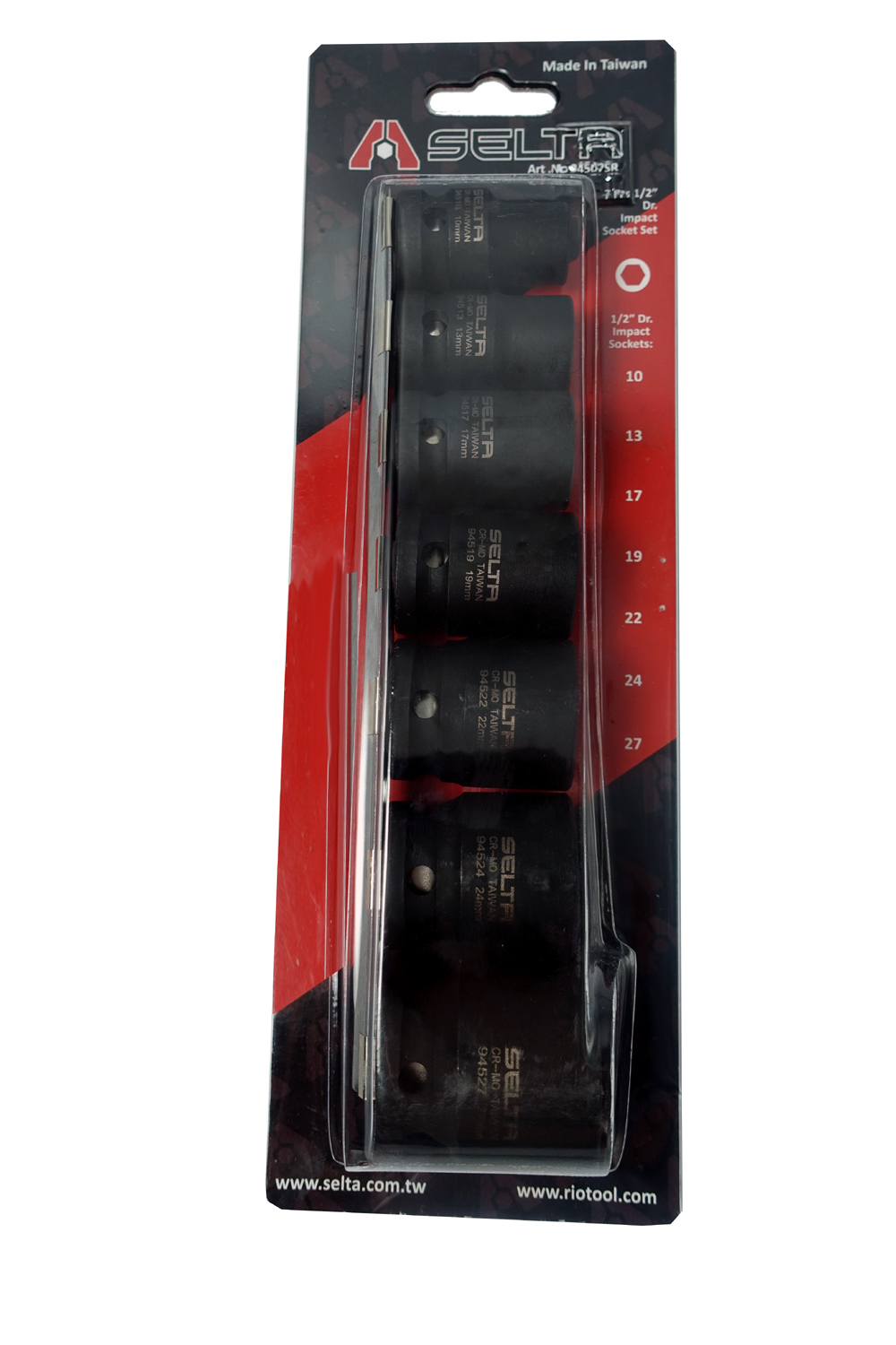 Selta Taiwan 7pc 1/2" Dr 6pt Cr-Mo Regular Air Impact Socket Set:10, 13, 17, 19, 22, 24, 27mm