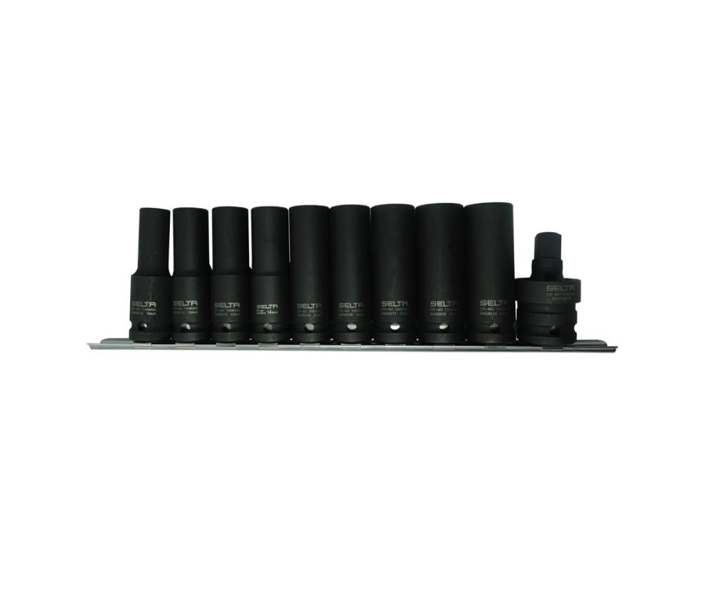 Selta Taiwan 10pc 1/2" Dr 6pt Cr-Mo 80mm Long Deep Impact Socket:10-19mm+Swivel Universal Joint