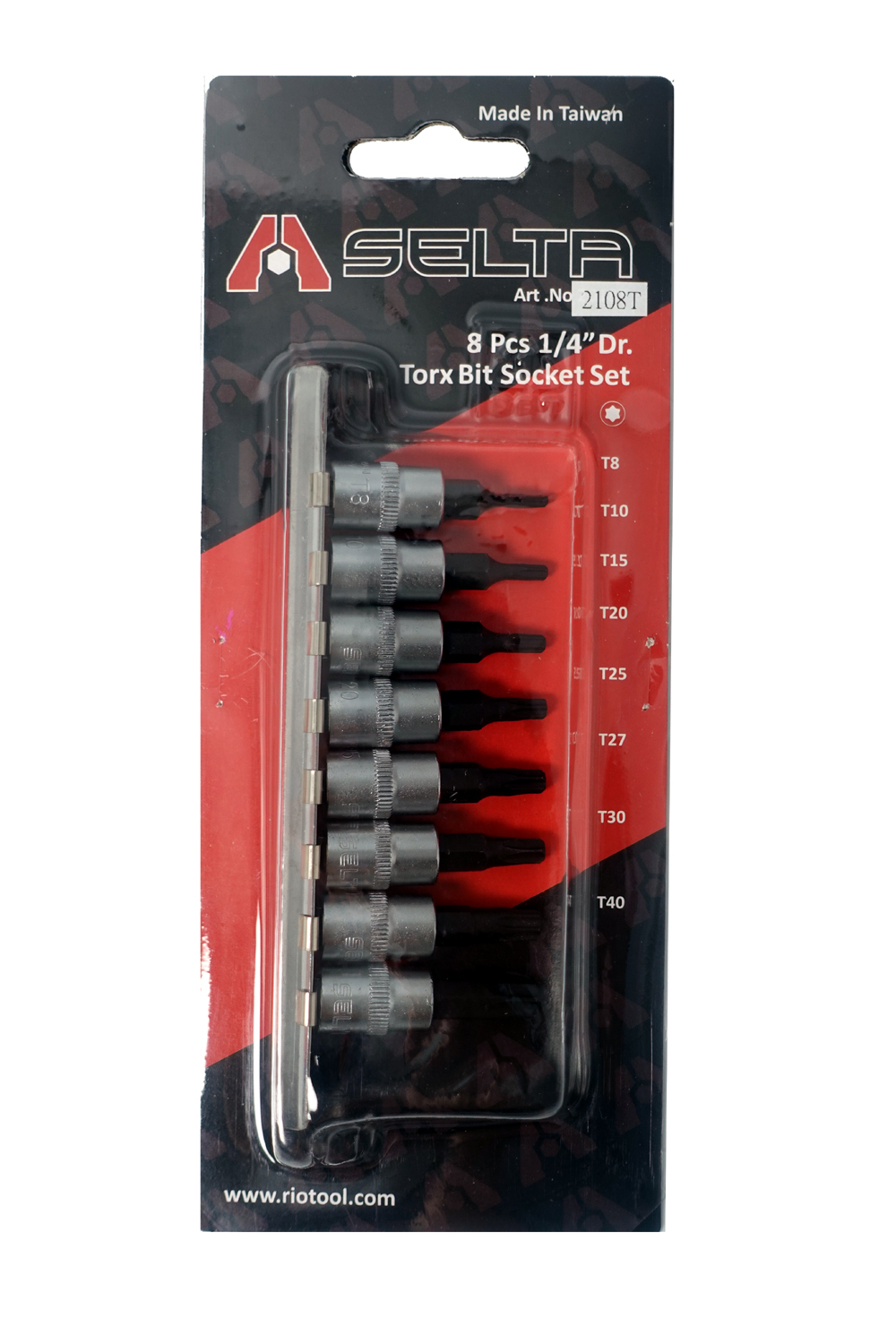 Selta Taiwan S2 Steel 8pc 1/4" Dr. Torx Star Socket Bits:T8, T10, T15, T20, T25, T27, T30, T40