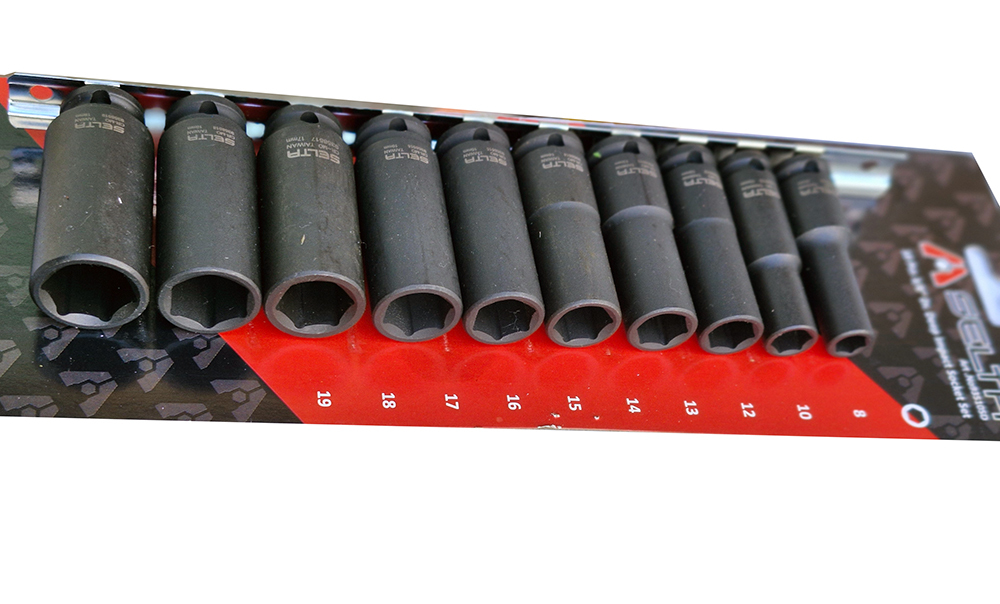 Selta Taiwan 10pc 3/8" Dr 6pt Cr-Mo 63mm Long Deep Air Impact Socket:8-19mm