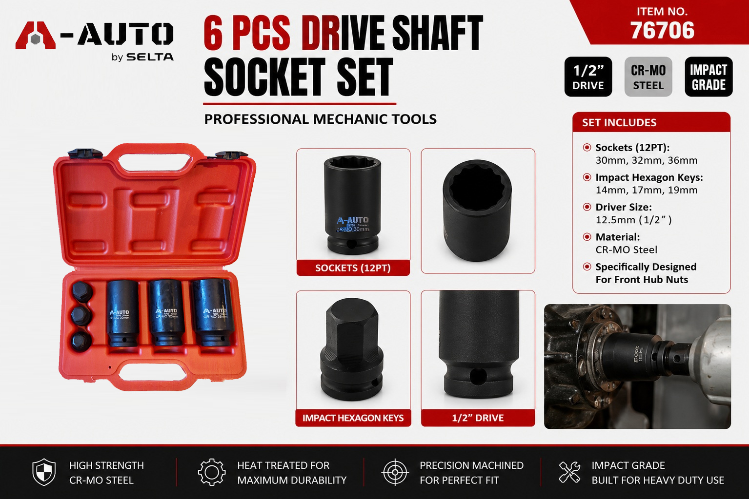 A-AUTO Taiwan 1/2" Dr. Bi-Hex 12PT 85mmL Deep Impact Socket & Hex Bits 6pc Set Hub Nut Remover