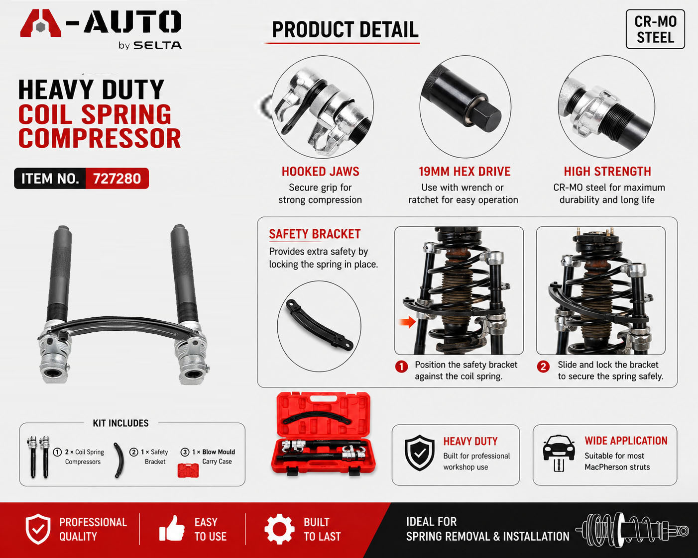A-AUTO Taiwan Heavy Duty Coil Spring Compressor 23-280mm w/ Safety Bracket