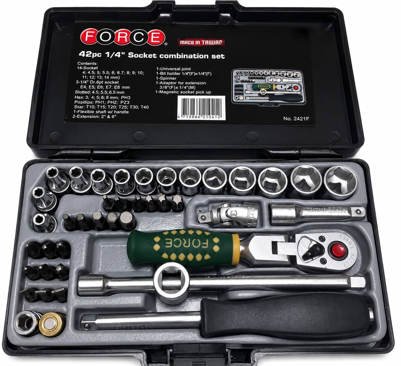 FORCE 2421F Taiwan 42pc 1/4" Dr Socket & Bit Set 72T Flexible Ratchet Slid Bar